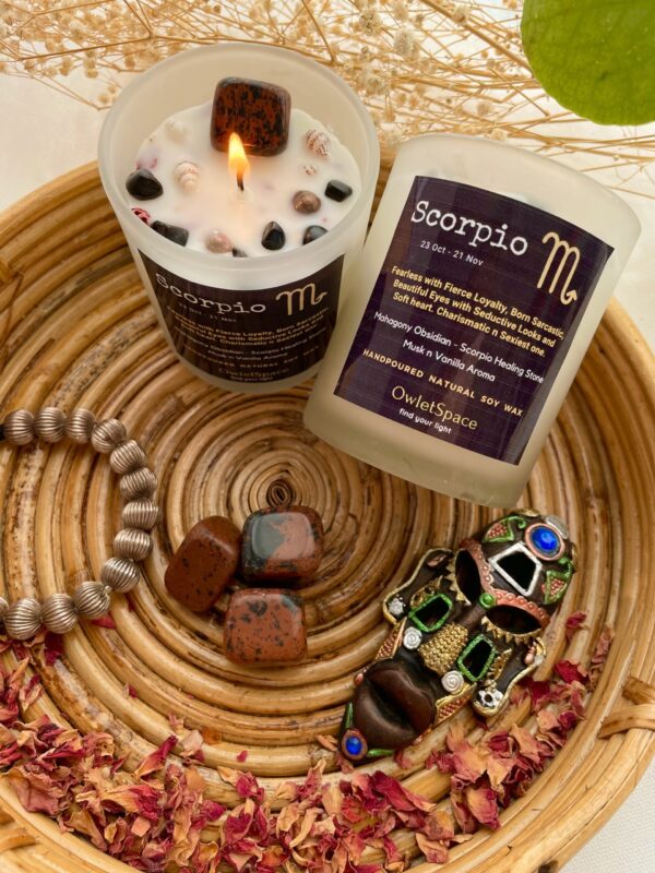 Scorpio Zodiac Candle | Musk n Vanilla Aroma | Mahagony Obsidian - Image 4