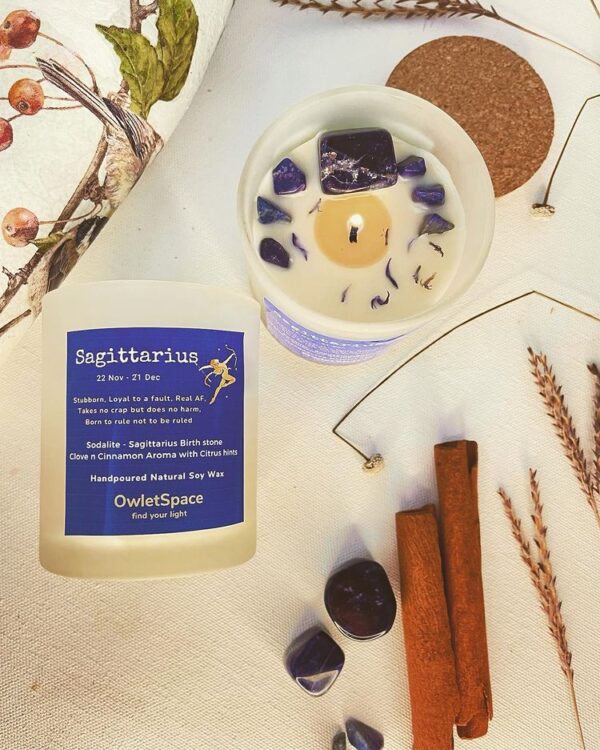 Sagittarius Zodiac Candle | Clove, Cinnamon, Rosemary Aroma | Sodalite - Image 3